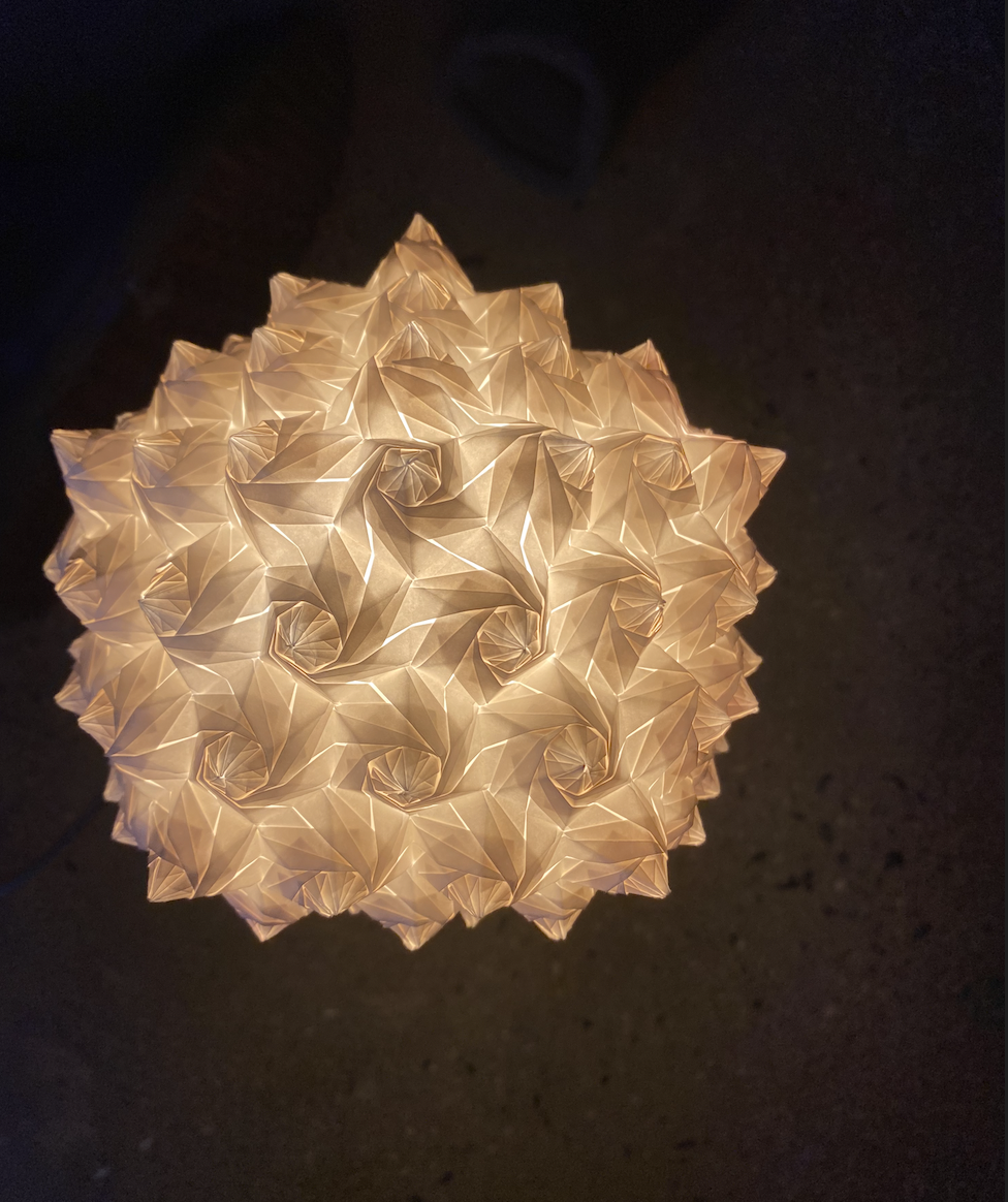 Spiraling rose kusudama lamp from above
